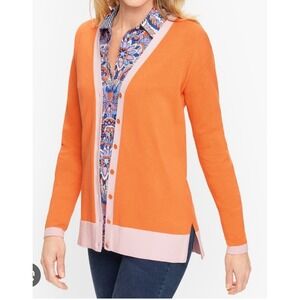 Talbots Orange Pink Trim Girlfriend V-neck Button Front Cardigan Sz S Preppy Y2K